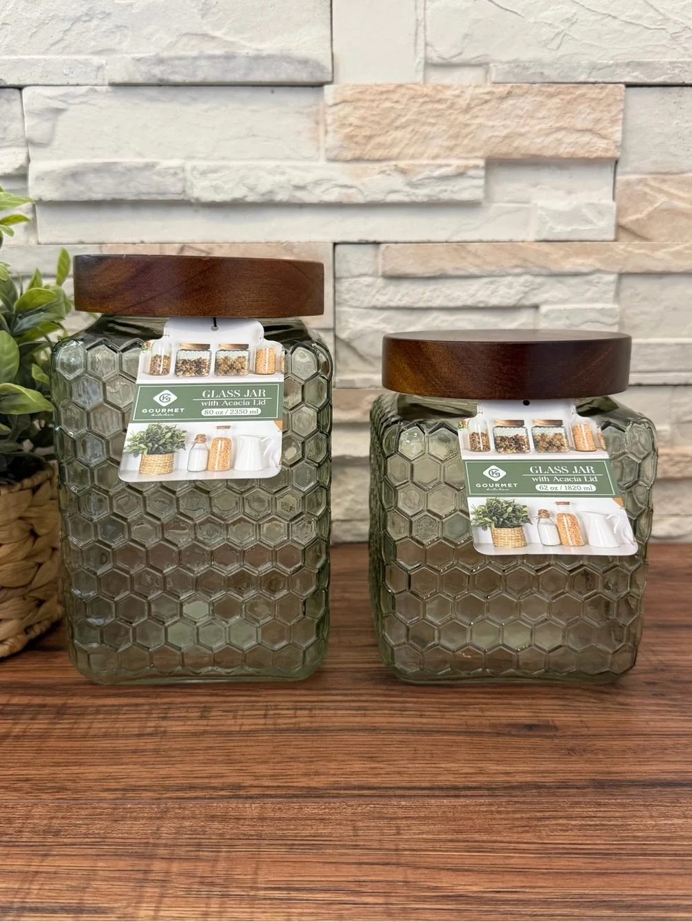 🆕 Set of 2 | Green Honeycomb Glass Jars with Wooden Lids!